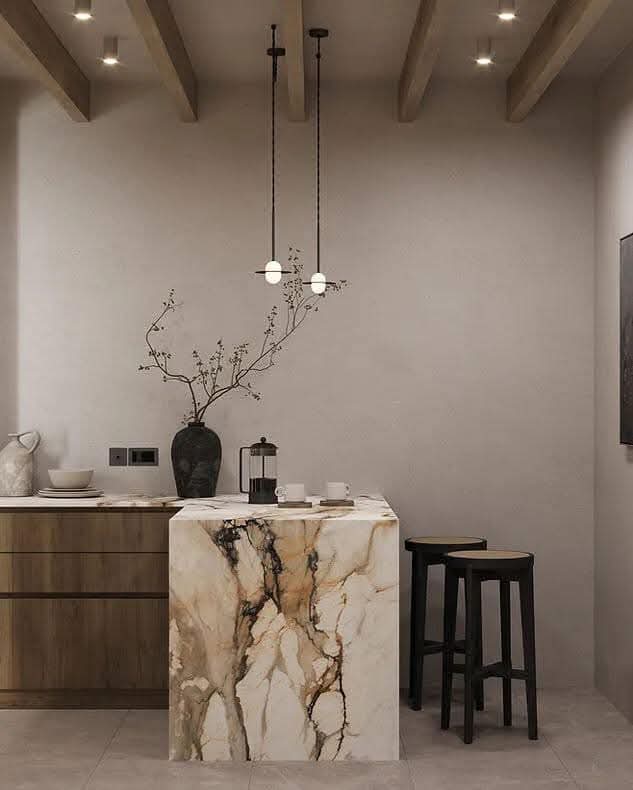 Minimalist Kitchen with Marble Statement Island
