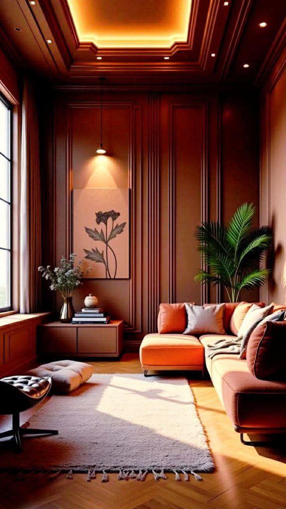 Elegant Living Room with Warm Lighting and Bold Accents
