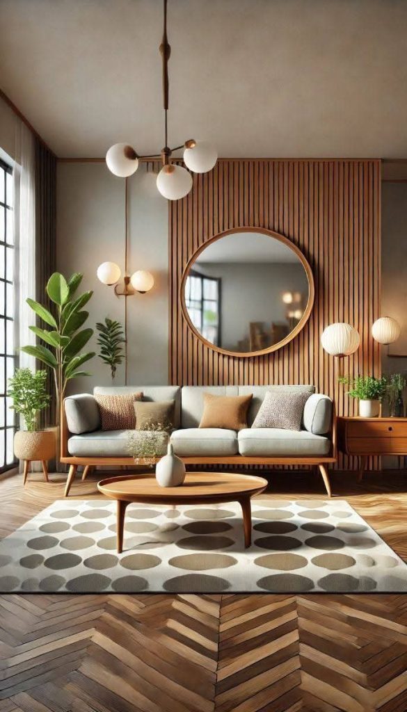 A Living Room with Warm Wood Accents and Geometric Elegance