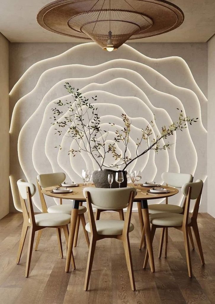 Floral-Inspired Dining with Layered Wall Accents