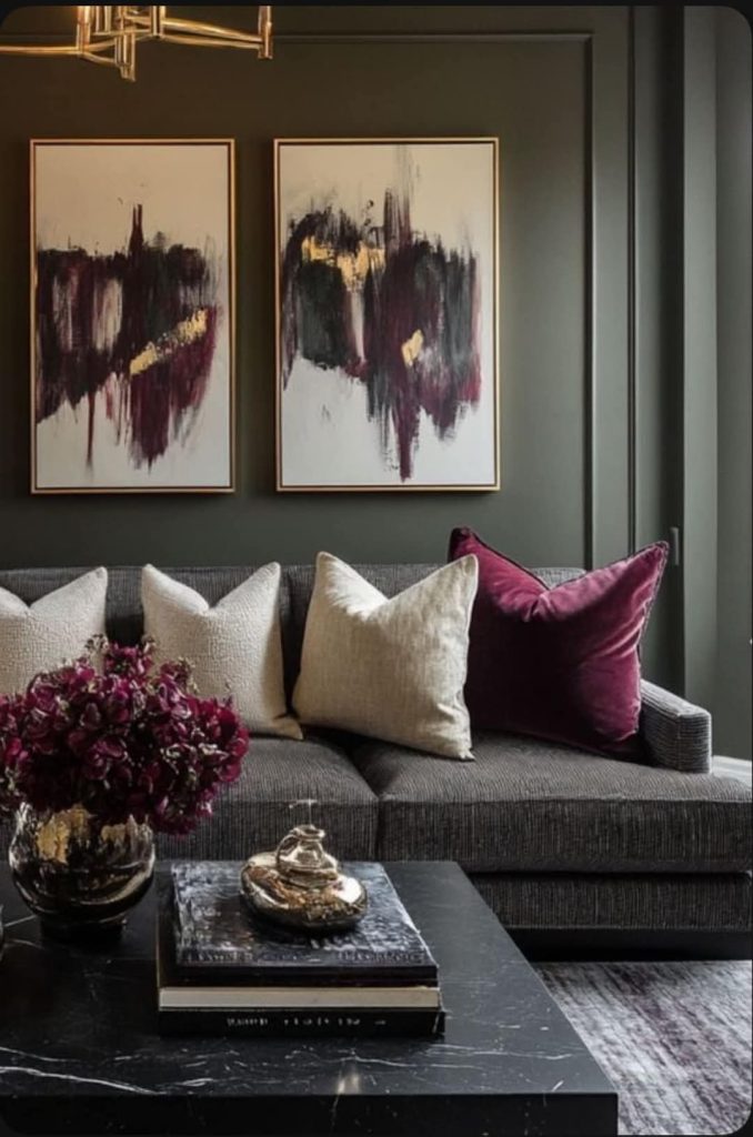 Sophisticated Living Room with Deep Tones and Abstract Art