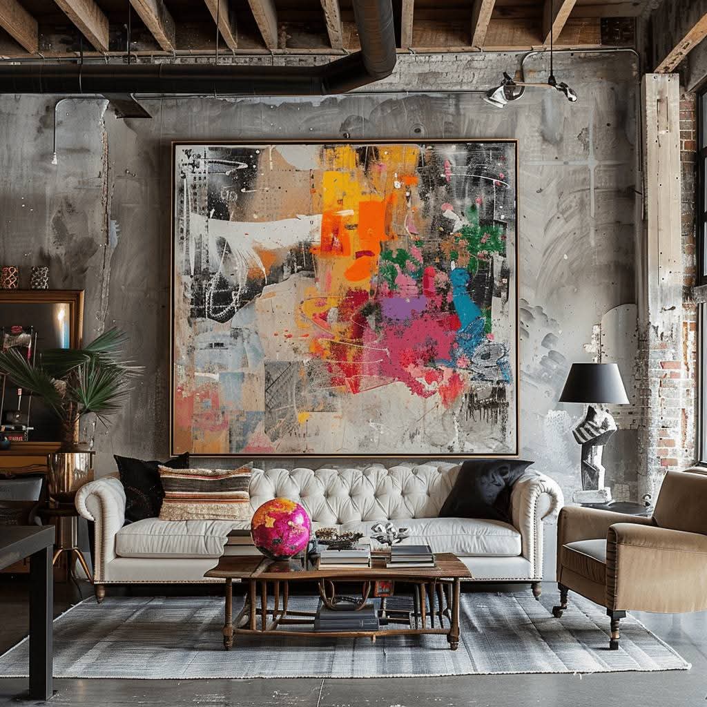 Industrial Chic Living Room with Vibrant Artwork