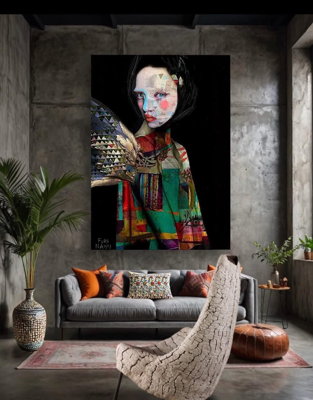 Industrial Chic Living Room with Vibrant Artwork