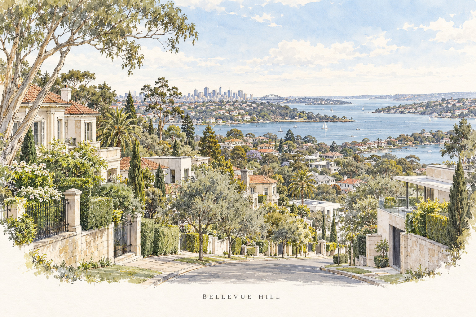 Watercolour sketch of a Bellevue Hill street looking down to Sydney Harbour and the city skyline
