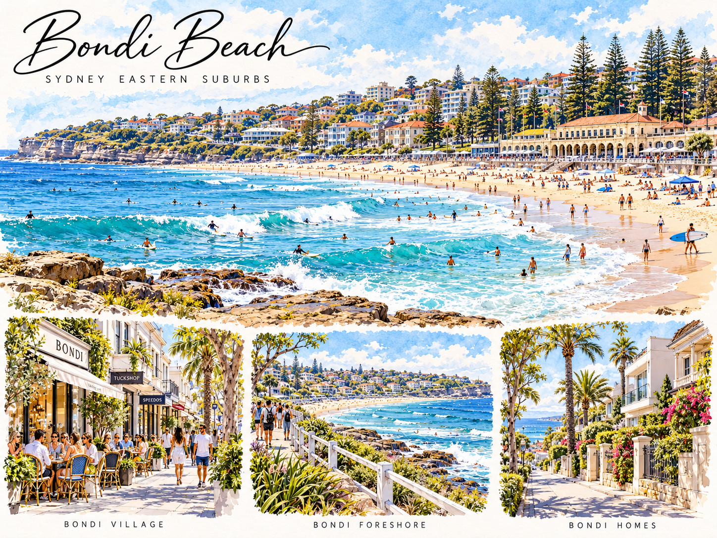Watercolour postcard of Bondi Beach, showing the surf, the sand and the pavilion, with smaller scenes of Bondi village, the foreshore walk and Bondi homes.