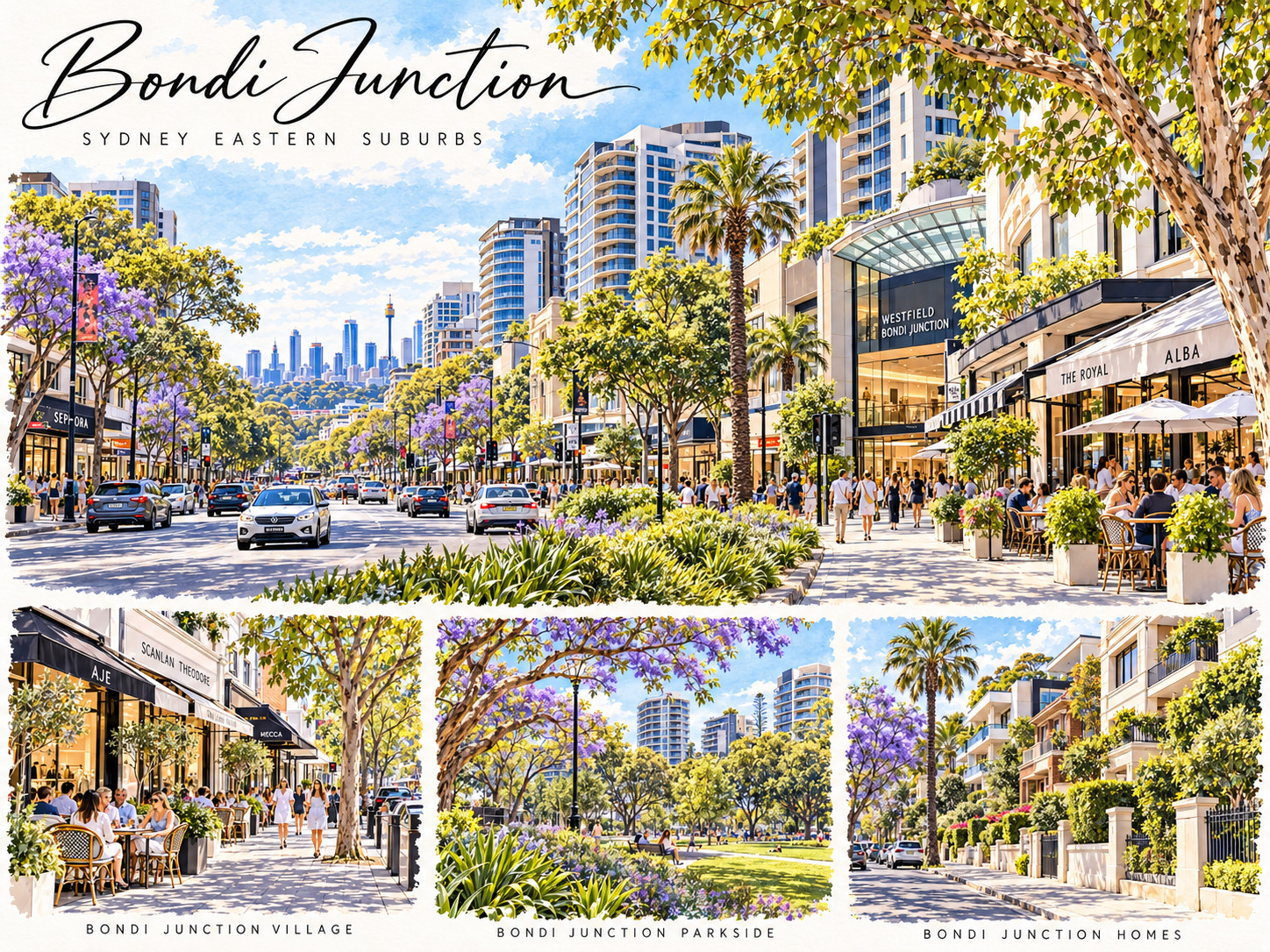 Watercolour of Bondi Junction, showing Oxford Street with jacarandas, apartment towers and the city skyline, with smaller scenes of the village, the park and local homes.