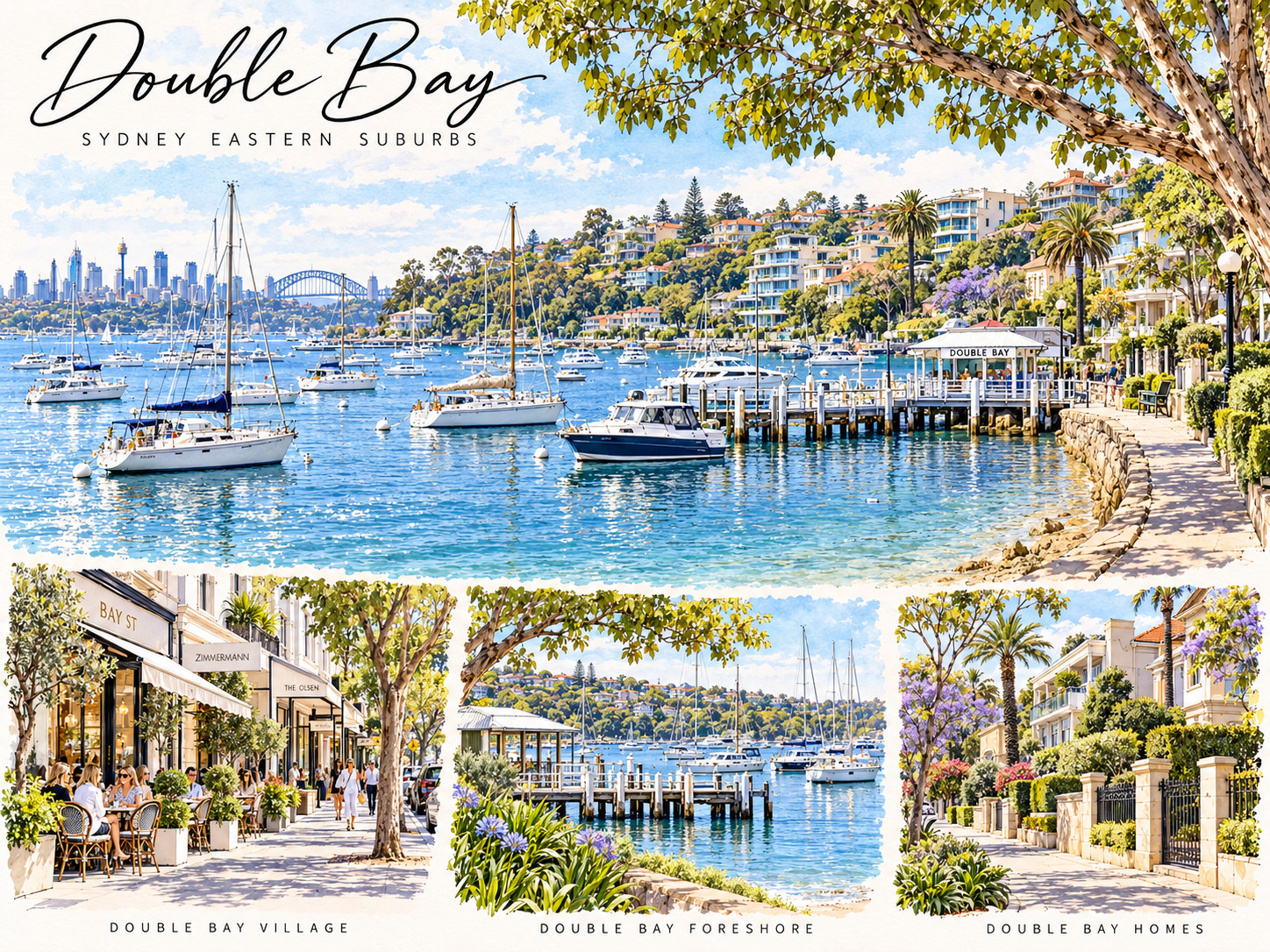 Watercolour poster of Double Bay showing the harbour, moored yachts and wharf, Double Bay village, the foreshore and local homes
