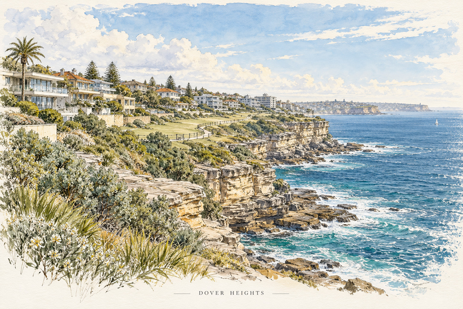 Watercolour sketch of Dover Heights homes above the sandstone cliffs and the Pacific