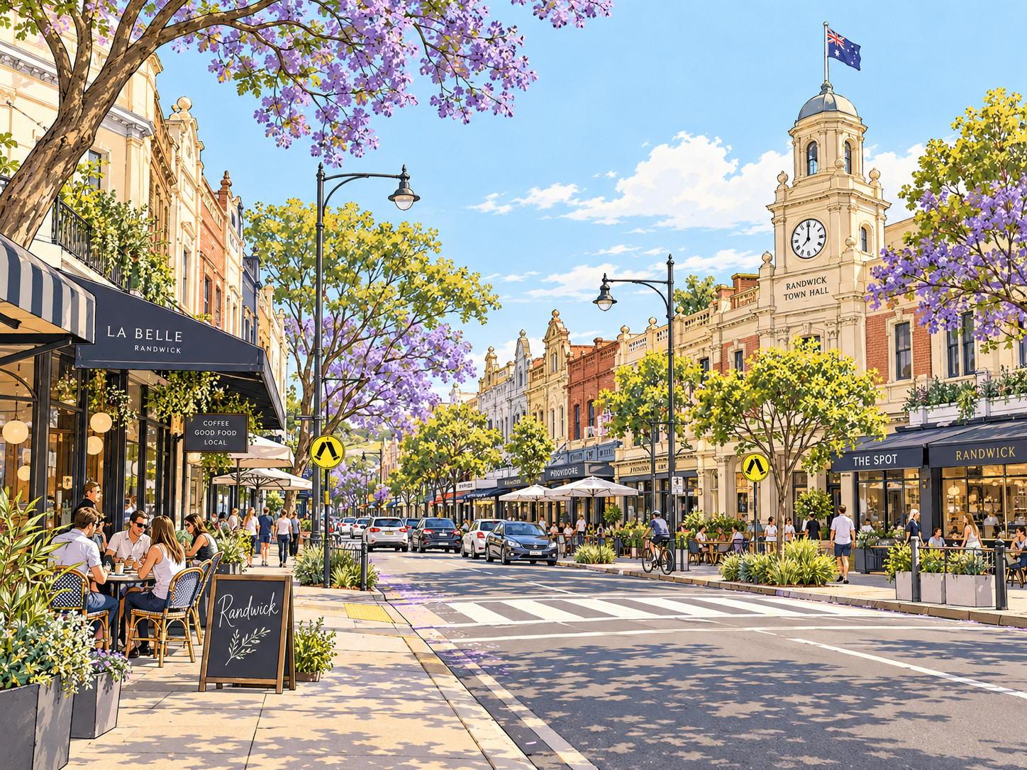 Illustration of Randwick village under flowering jacarandas.