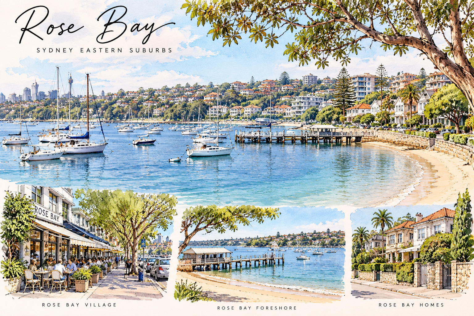Watercolour postcard of Rose Bay showing the harbour and moored yachts, Rose Bay village, the foreshore wharf and local homes