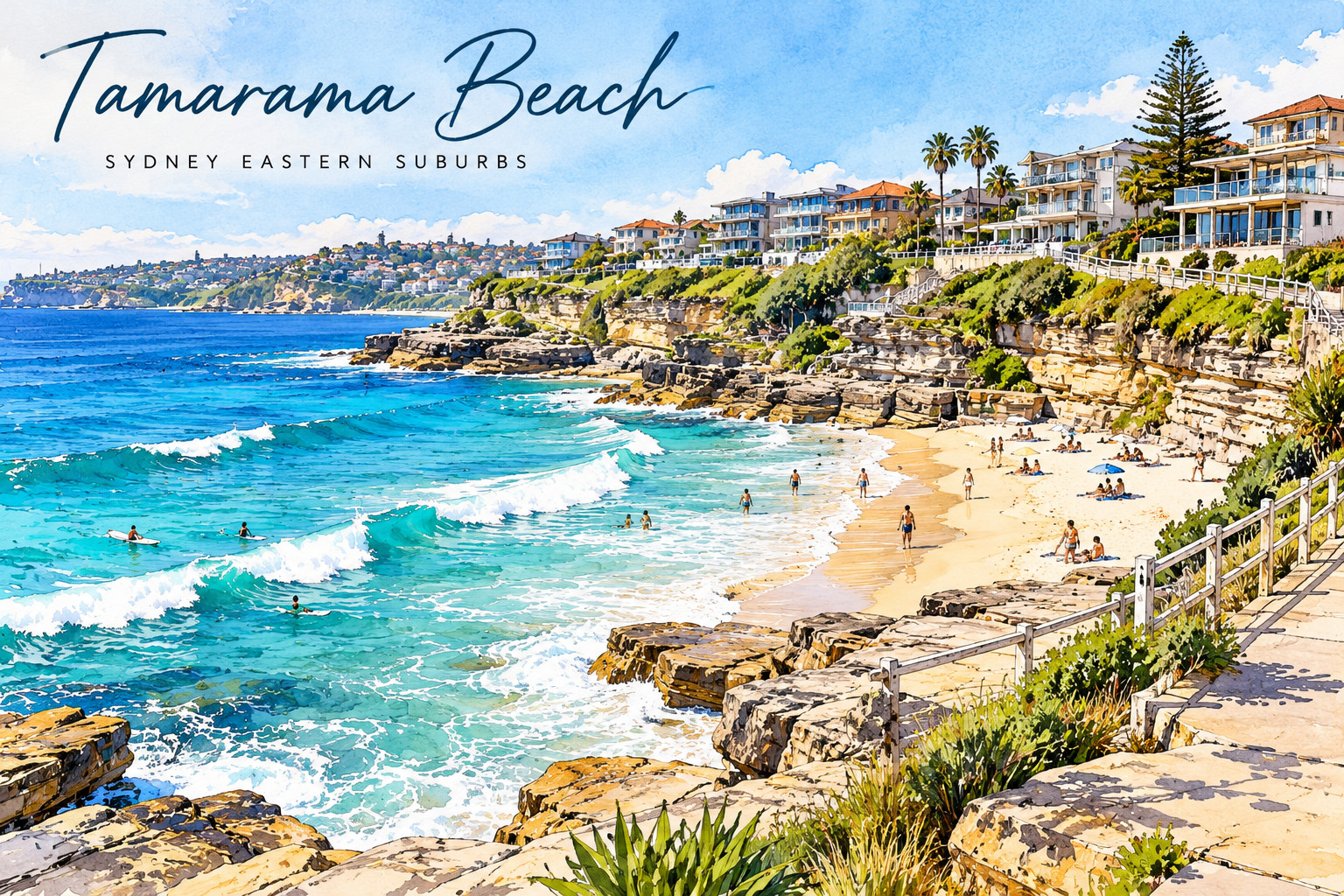 Watercolour of Tamarama Beach, with surf rolling onto the sand, sandstone headlands and homes along the clifftop.